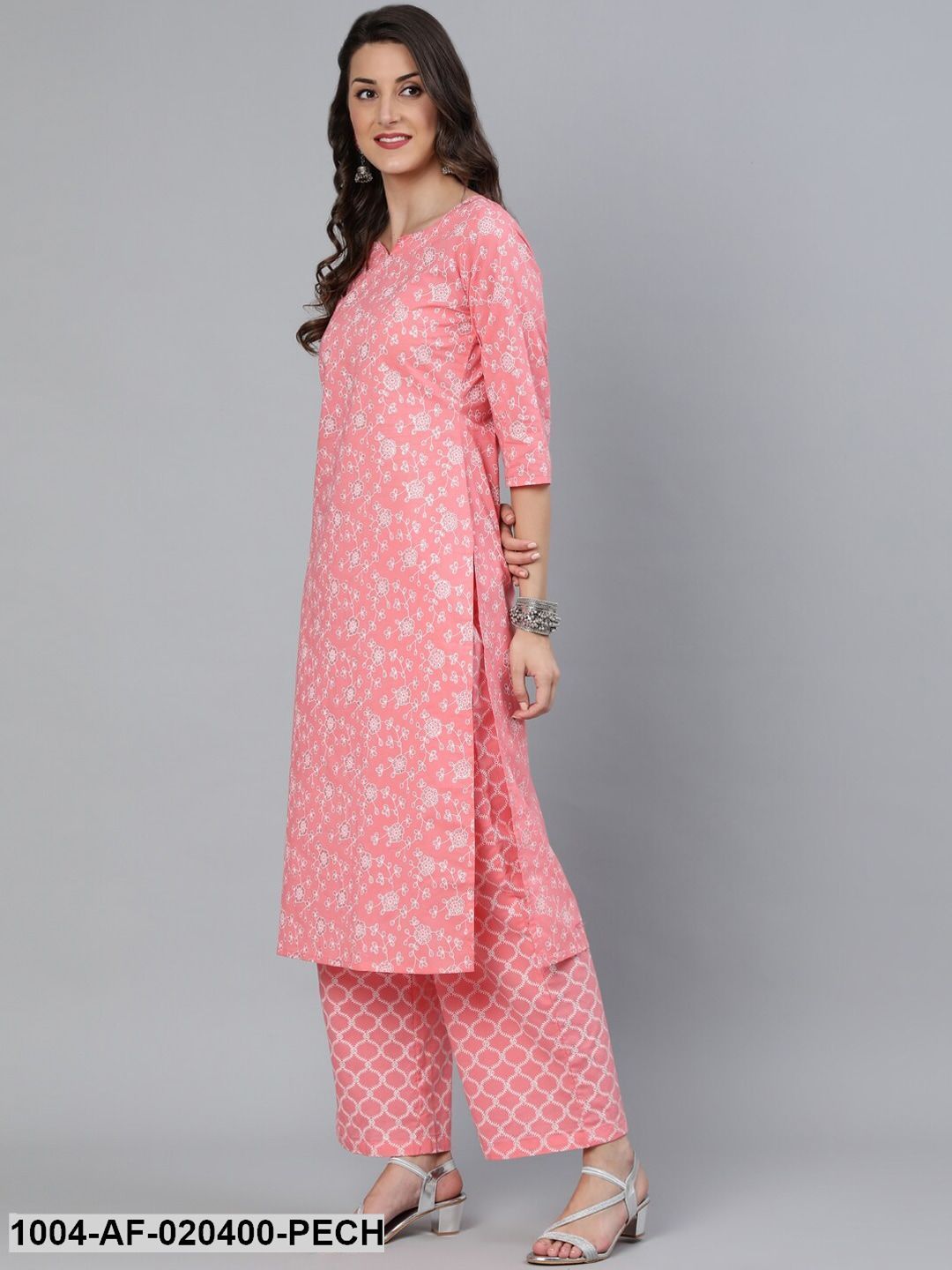 Peach-Coloured Floral Printed Regular Straight Pure Cotton Kurta & Palazzos