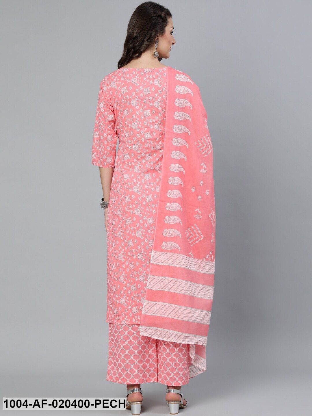 Peach-Coloured Floral Printed Regular Straight Pure Cotton Kurta & Palazzos