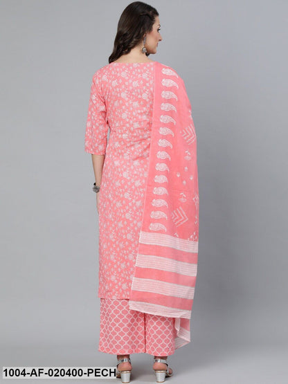 Peach-Coloured Floral Printed Regular Straight Pure Cotton Kurta & Palazzos