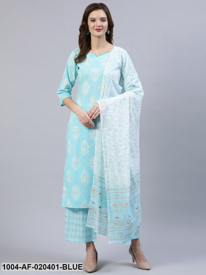 Blue & Gold Printed Straight Kurta With Trouser  & Dupatta