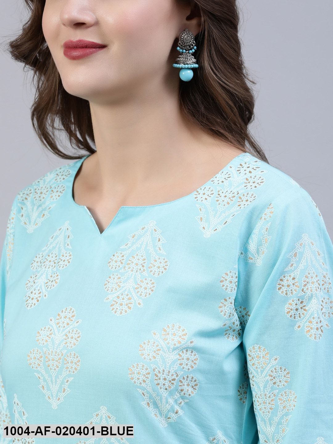 Blue & Gold Printed Straight Kurta With Trouser  & Dupatta