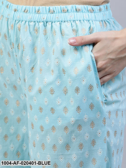 Blue & Gold Printed Straight Kurta With Trouser  & Dupatta