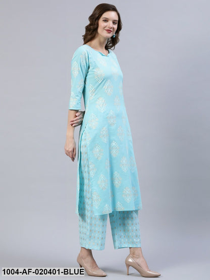 Blue & Gold Printed Straight Kurta With Trouser  & Dupatta