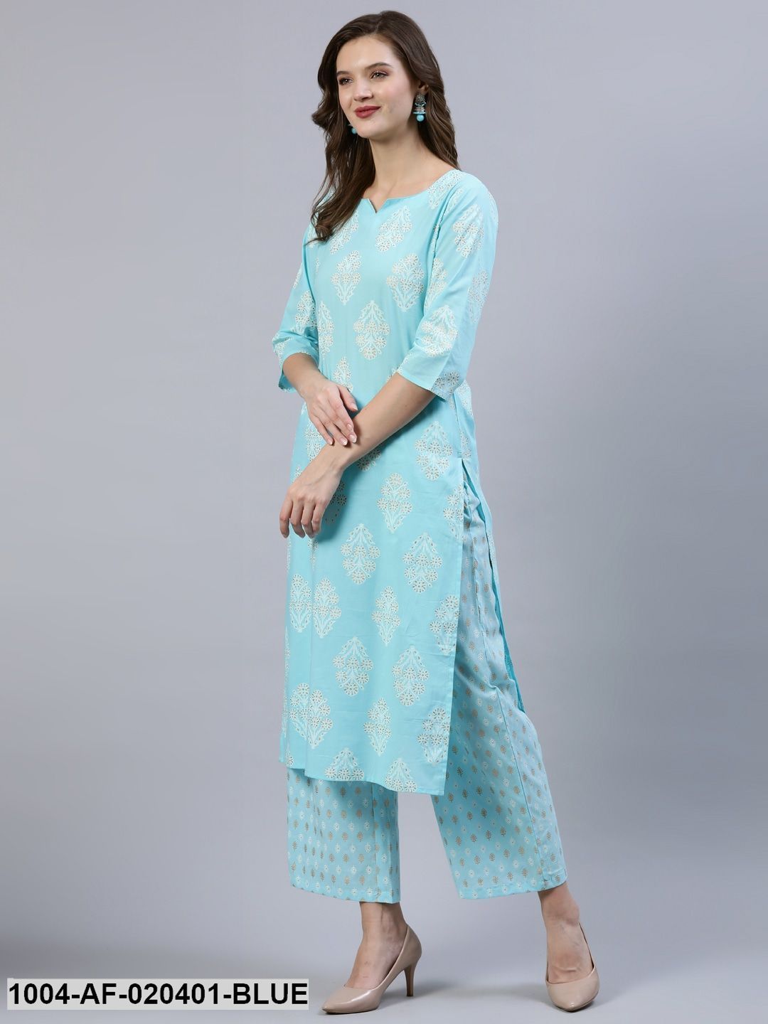 Blue & Gold Printed Straight Kurta With Trouser  & Dupatta