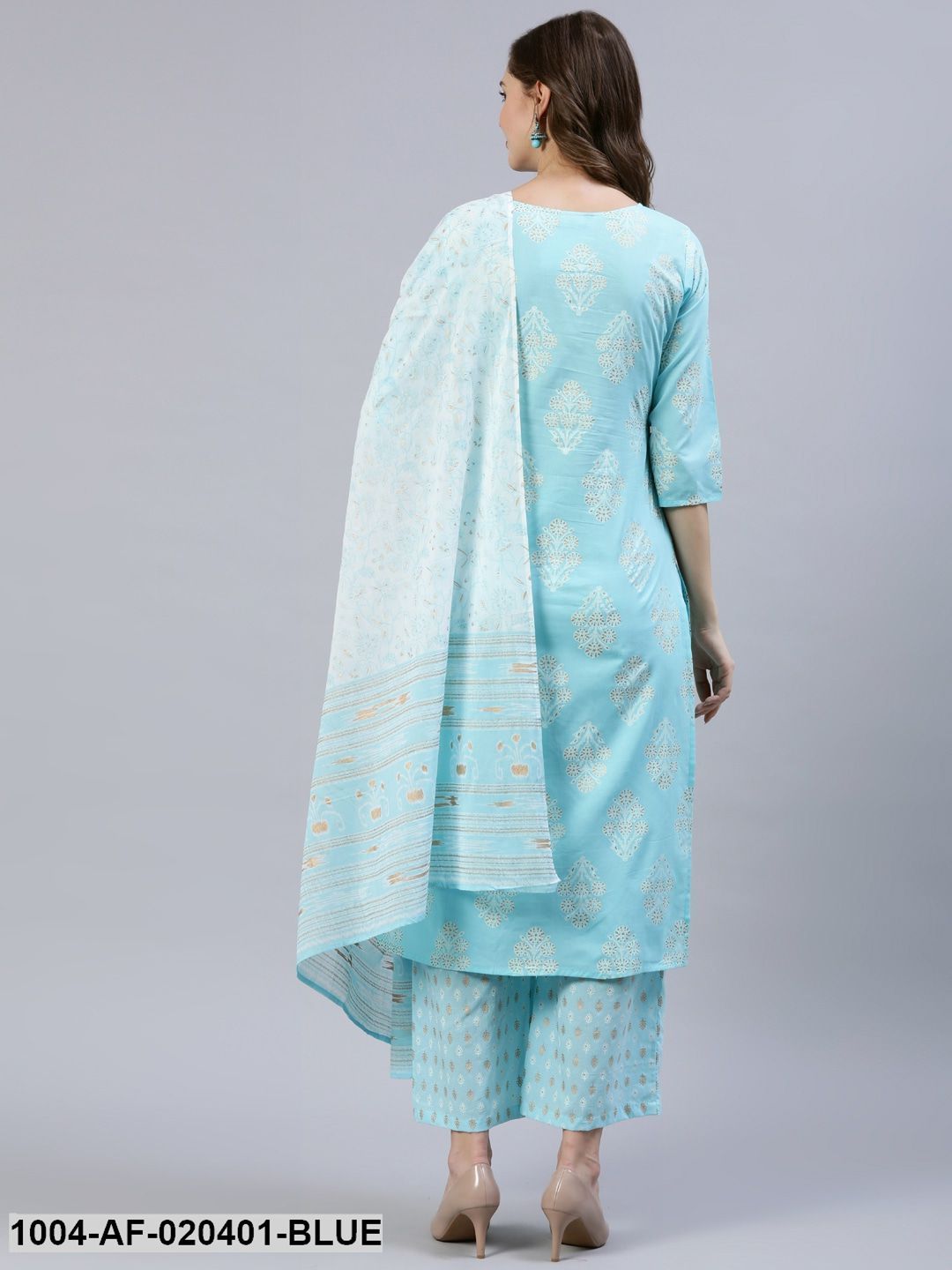 Blue & Gold Printed Straight Kurta With Trouser  & Dupatta