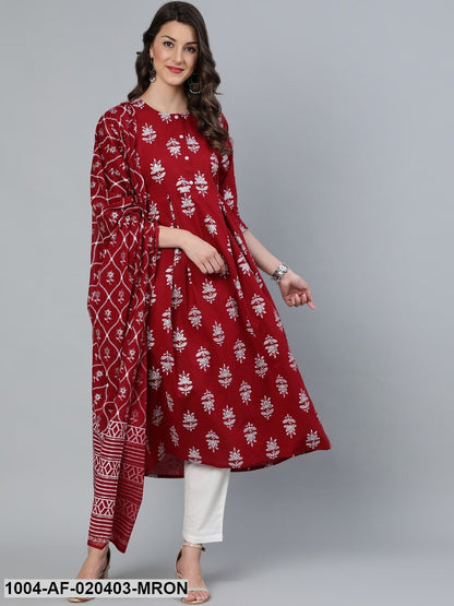 Maroon & White Printed A-Line Round Neck Pure Cotton Kurta Set