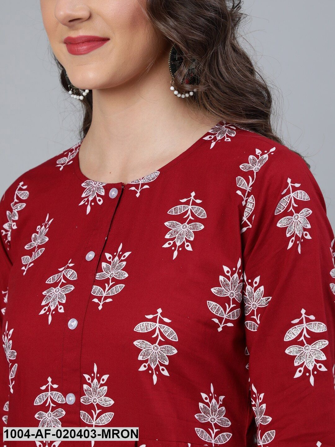 Maroon & White Printed A-Line Round Neck Pure Cotton Kurta Set