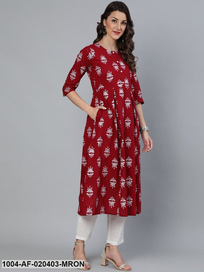 Maroon & White Printed A-Line Round Neck Pure Cotton Kurta Set