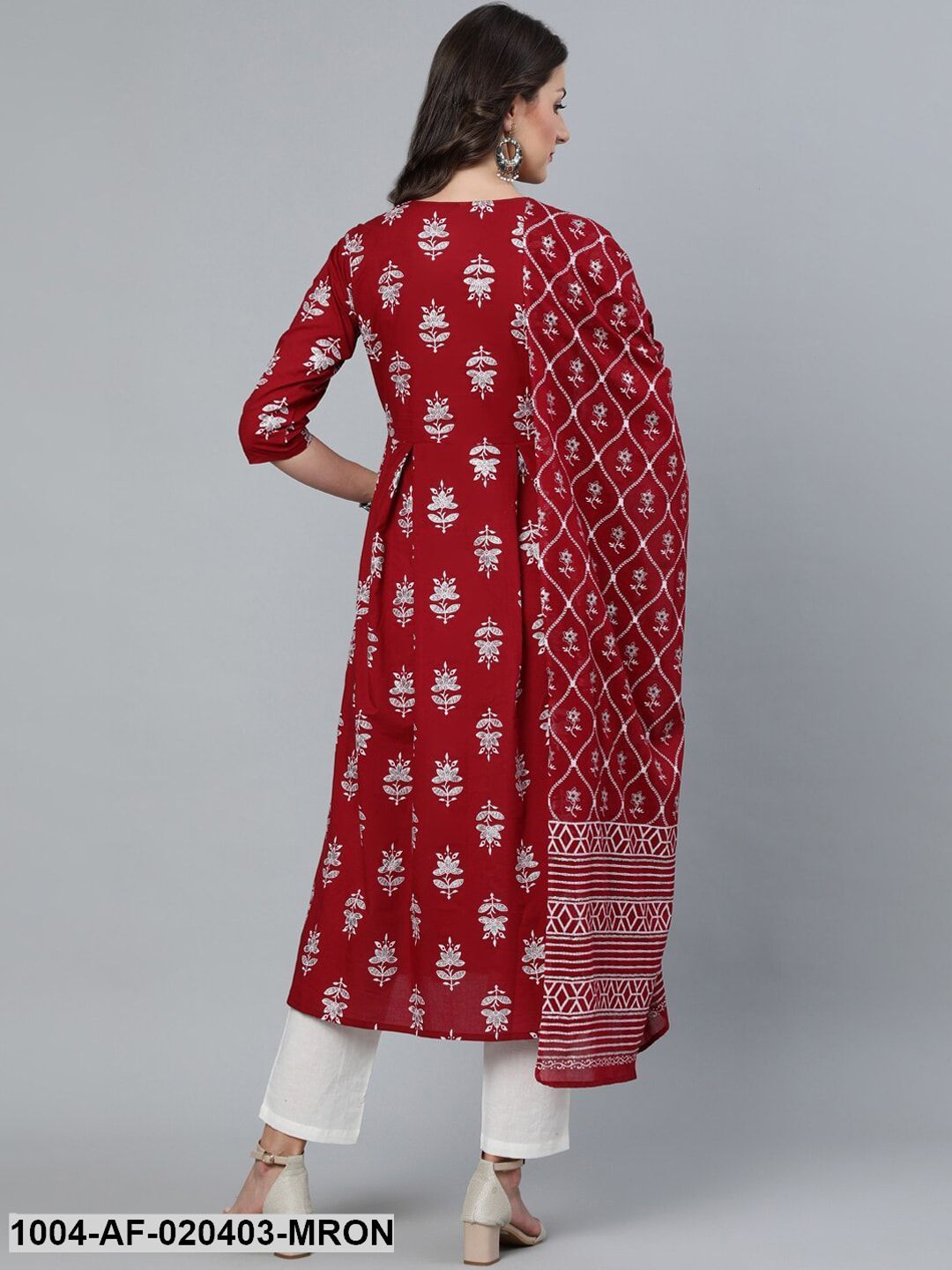 Maroon & White Printed A-Line Round Neck Pure Cotton Kurta Set