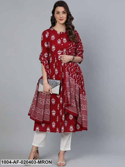 Maroon & White Printed A-Line Round Neck Pure Cotton Kurta Set