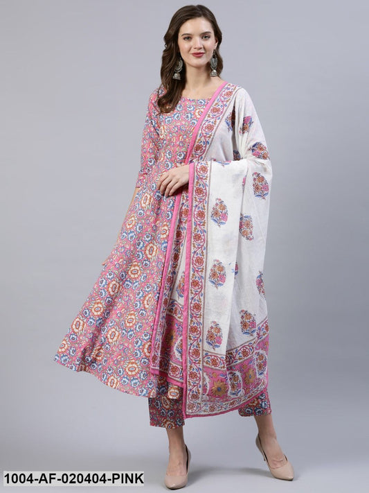 Pink & Off-White Floral Screen Print A-Line Pure Cotton Kurta Set With Dupatta