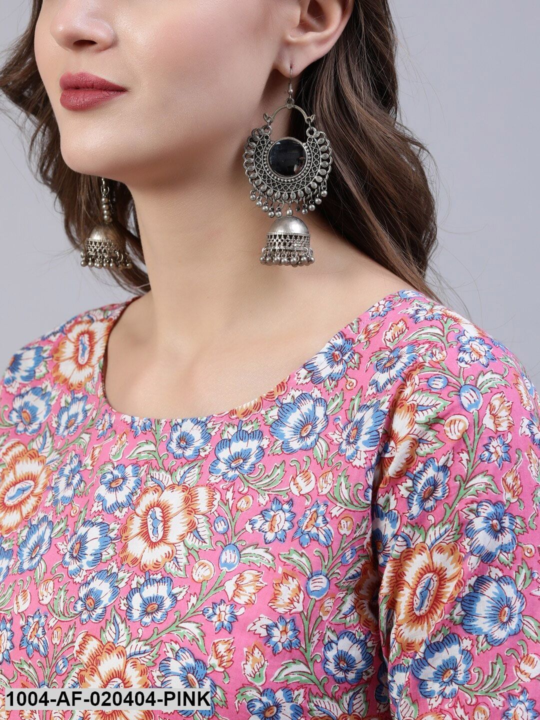 Pink & Off-White Floral Screen Print A-Line Pure Cotton Kurta Set With Dupatta