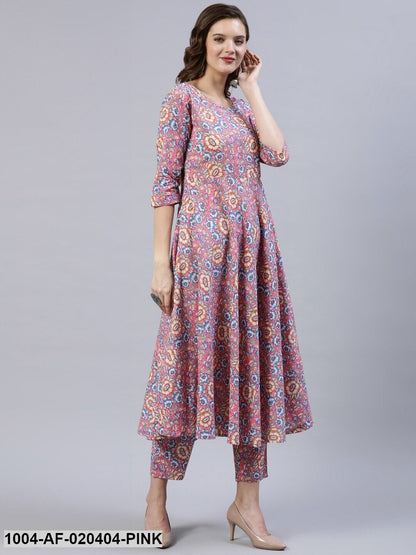 Pink & Off-White Floral Screen Print A-Line Pure Cotton Kurta Set With Dupatta