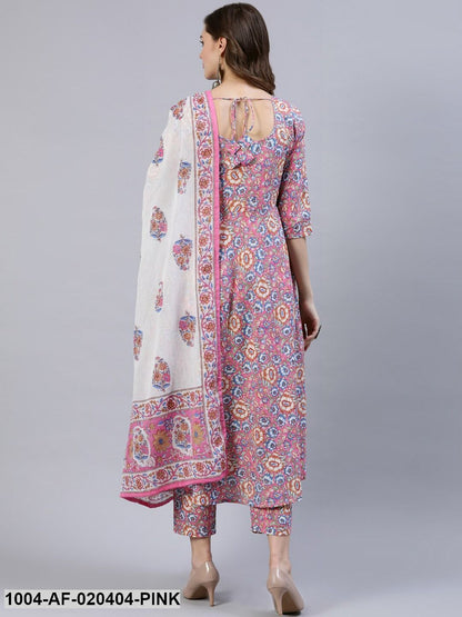 Pink & Off-White Floral Screen Print A-Line Pure Cotton Kurta Set With Dupatta
