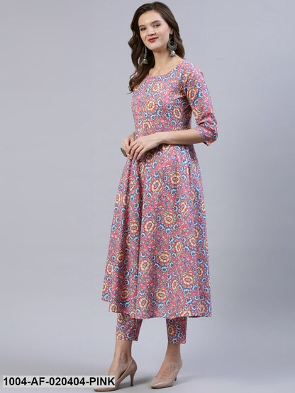 Pink & Off-White Floral Screen Print A-Line Pure Cotton Kurta Set With Dupatta