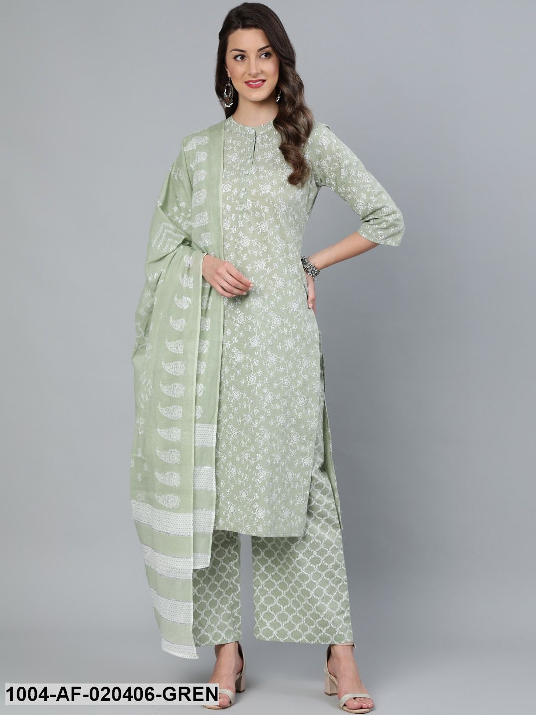 Green Floral Printed Straight Kurta With Plazo & Dupatta