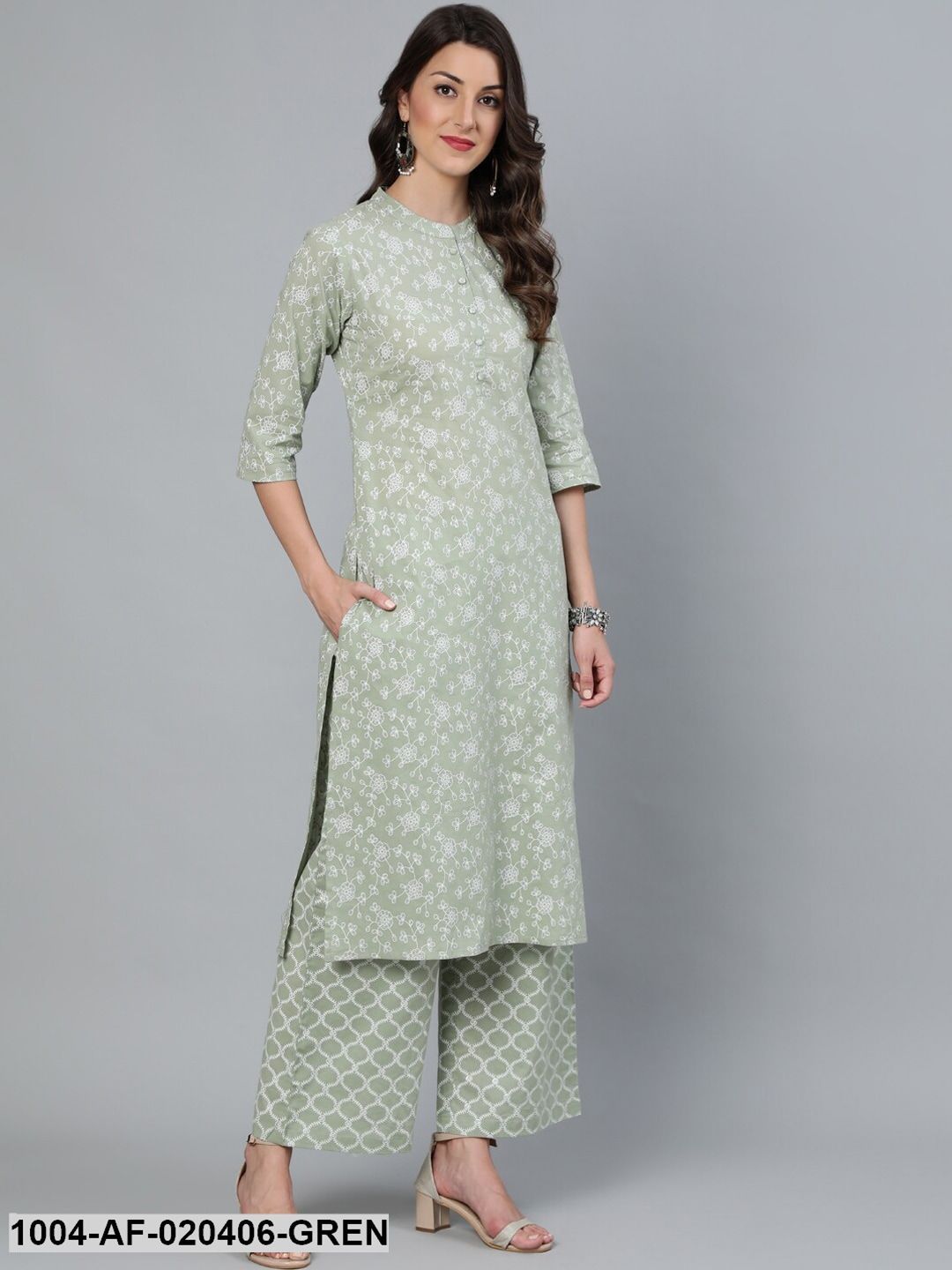 Green Floral Printed Straight Kurta With Plazo & Dupatta