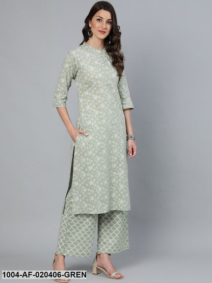Green Floral Printed Straight Kurta With Plazo & Dupatta