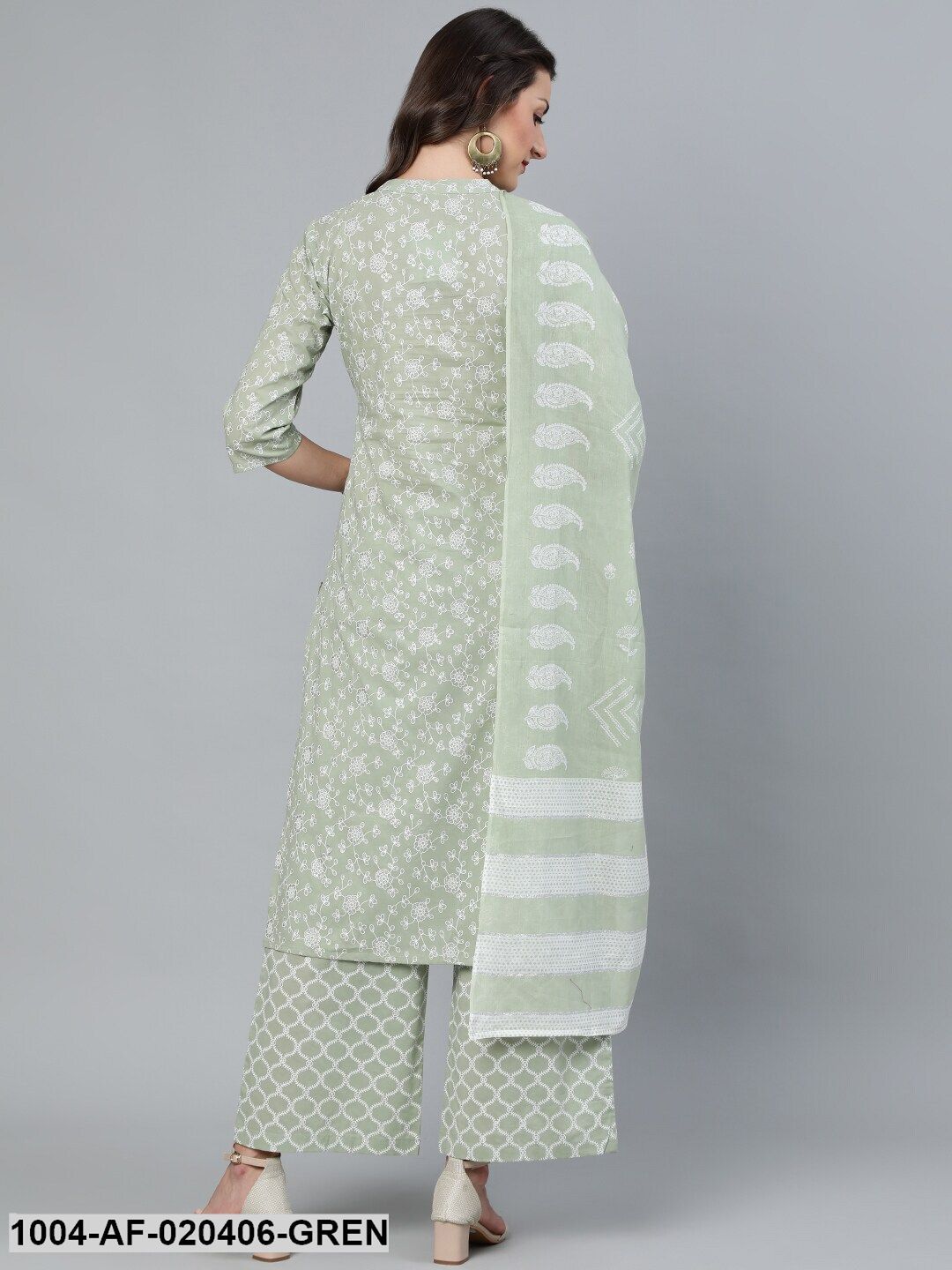 Green Floral Printed Straight Kurta With Plazo & Dupatta