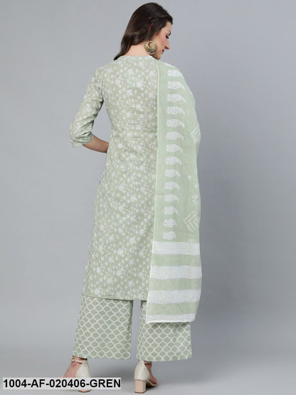 Green Floral Printed Straight Kurta With Plazo & Dupatta
