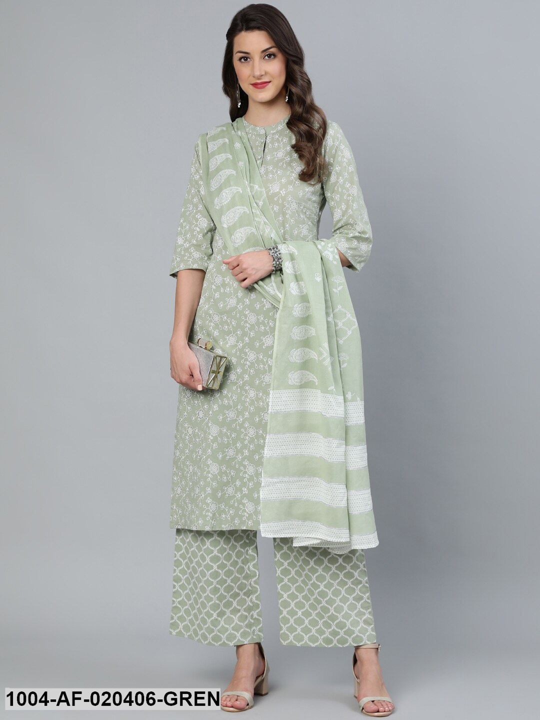 Green Floral Printed Straight Kurta With Plazo & Dupatta