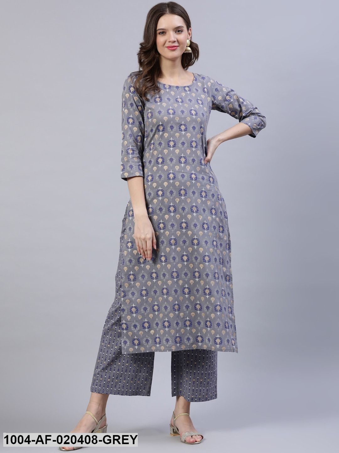 Grey & Navy Blue Floral Khari Print Straight Keyhole Neck Pure Cotton Kurta Set