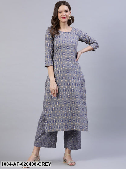 Grey & Navy Blue Floral Khari Print Straight Keyhole Neck Pure Cotton Kurta Set
