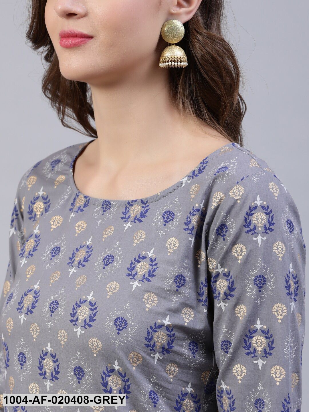 Grey & Navy Blue Floral Khari Print Straight Keyhole Neck Pure Cotton Kurta Set