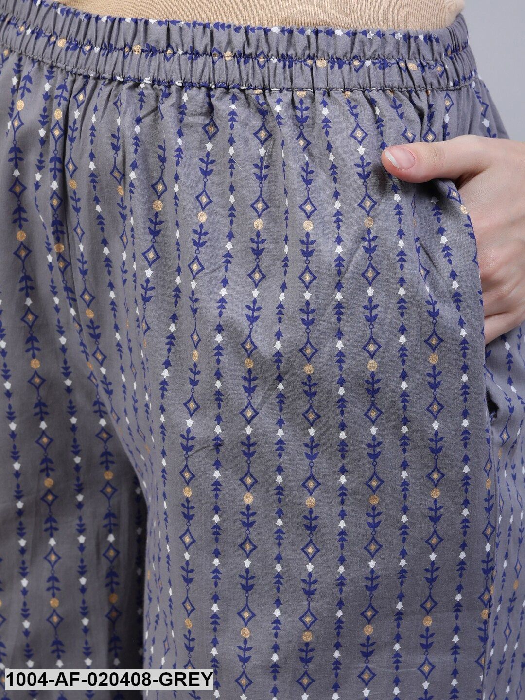 Grey & Navy Blue Floral Khari Print Straight Keyhole Neck Pure Cotton Kurta Set