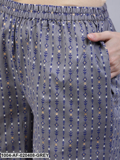 Grey & Navy Blue Floral Khari Print Straight Keyhole Neck Pure Cotton Kurta Set