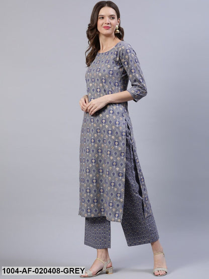 Grey & Navy Blue Floral Khari Print Straight Keyhole Neck Pure Cotton Kurta Set