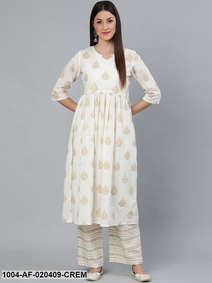 Cream-Coloured Printed Gathered  Kurta With Plazzo