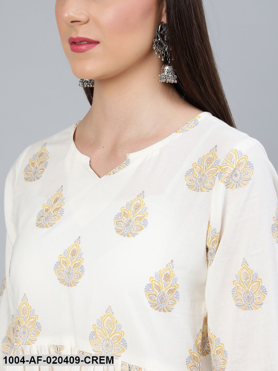Cream-Coloured Printed Gathered  Kurta With Plazzo