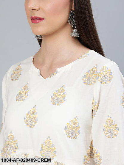 Cream-Coloured Printed Gathered  Kurta With Plazzo