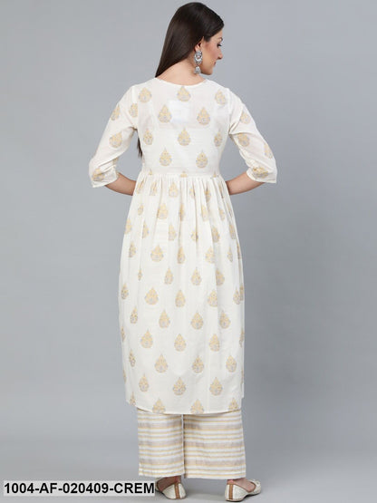 Cream-Coloured Printed Gathered  Kurta With Plazzo