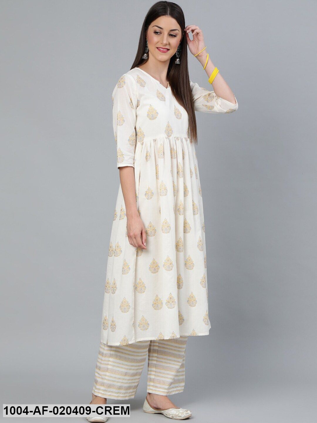 Cream-Coloured Printed Gathered  Kurta With Plazzo