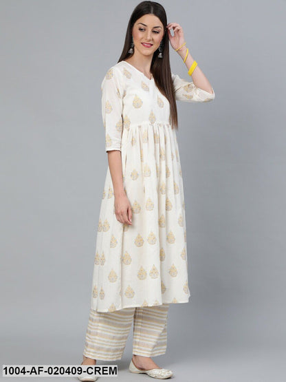 Cream-Coloured Printed Gathered  Kurta With Plazzo