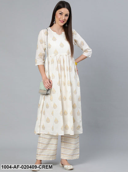Cream-Coloured Printed Gathered  Kurta With Plazzo