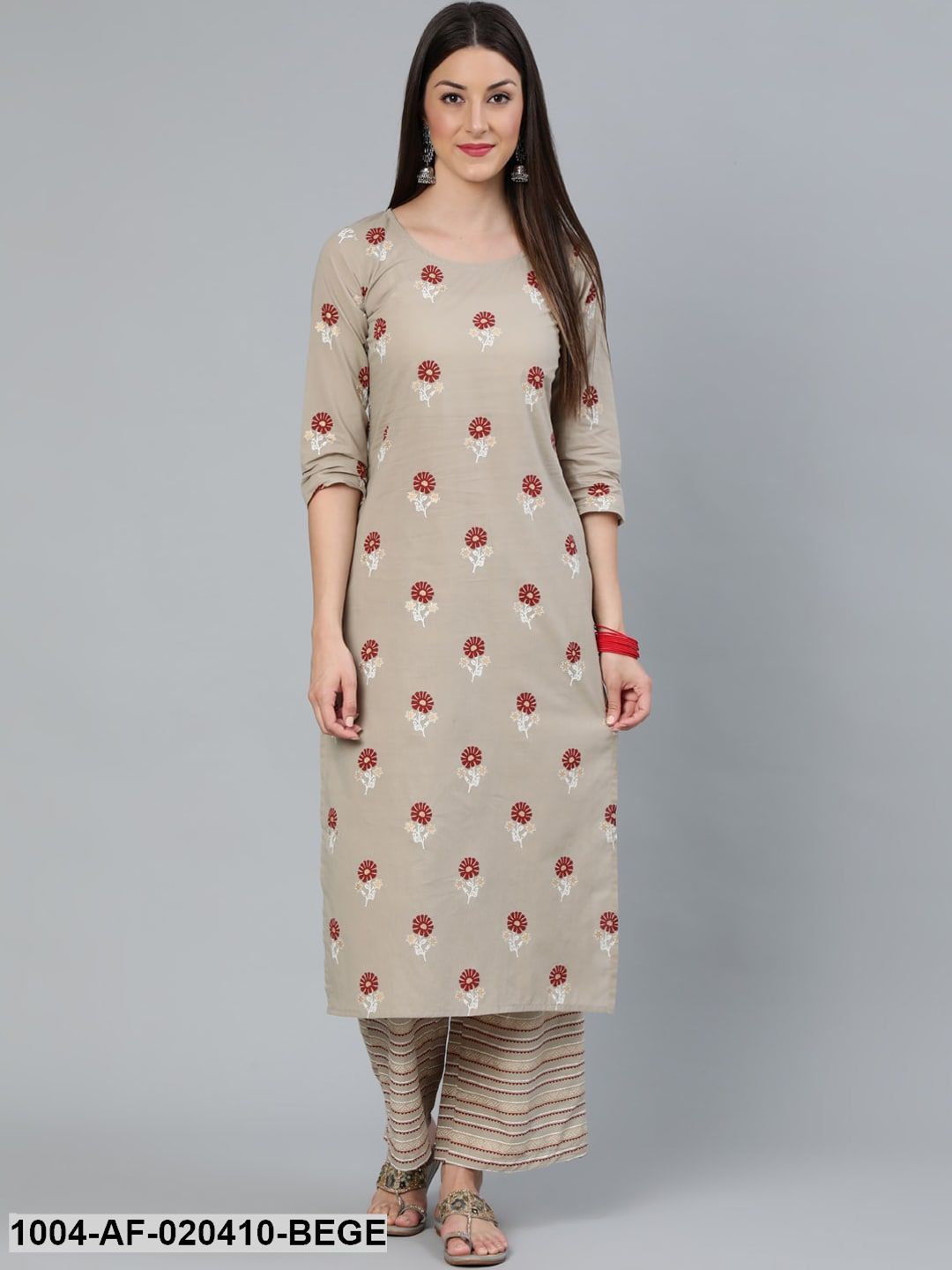 Beige & Maroon Floral Print Straight Pure Cotton Kurta & Trousers