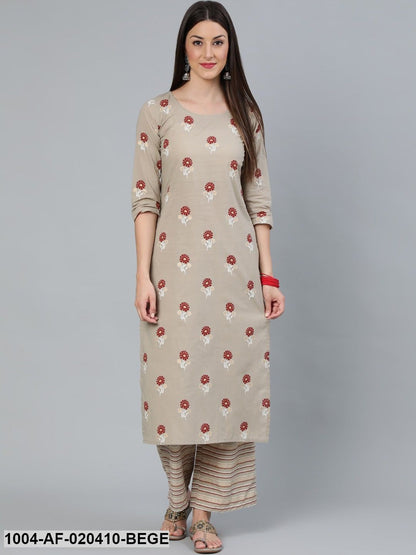 Beige & Maroon Floral Print Straight Pure Cotton Kurta & Trousers