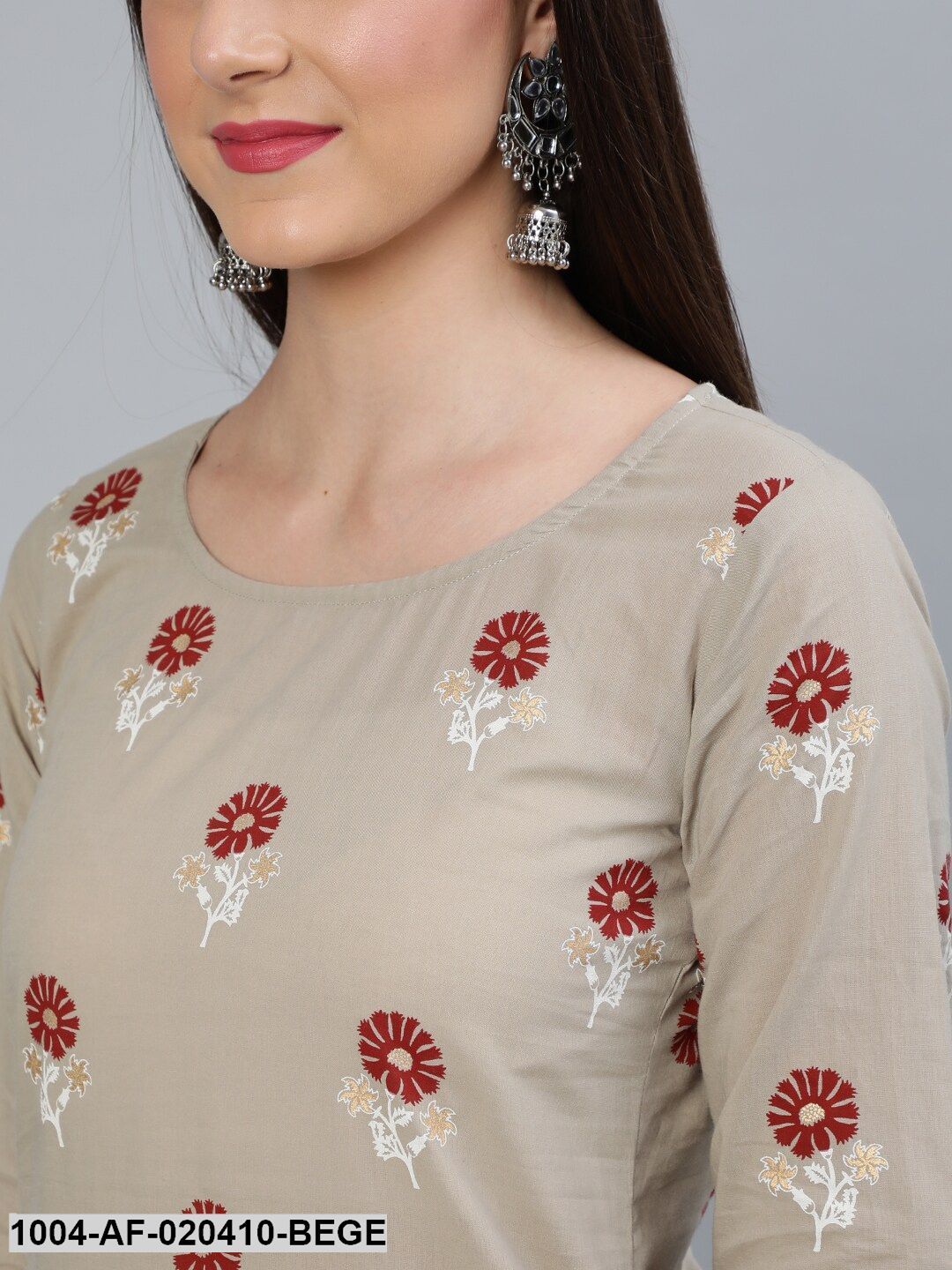 Beige & Maroon Floral Print Straight Pure Cotton Kurta & Trousers