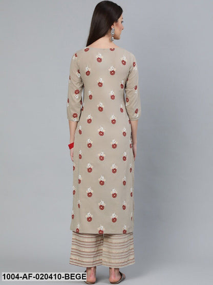 Beige & Maroon Floral Print Straight Pure Cotton Kurta & Trousers