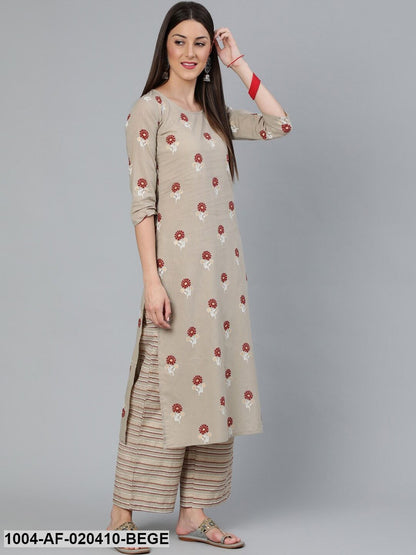 Beige & Maroon Floral Print Straight Pure Cotton Kurta & Trousers