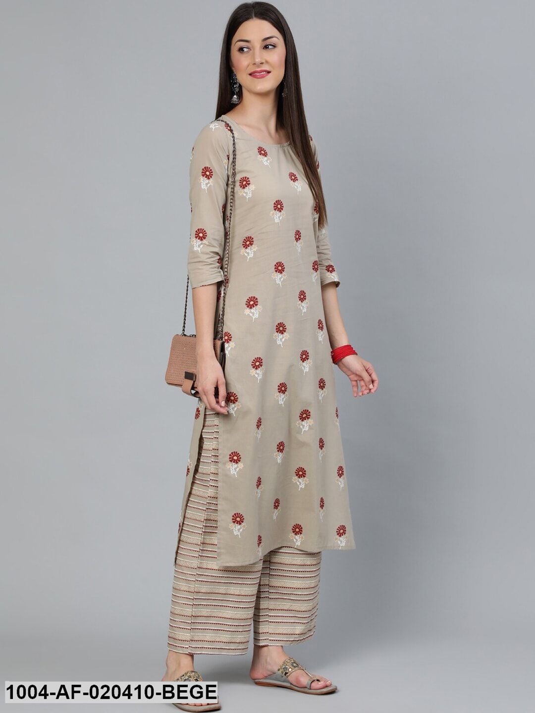 Beige & Maroon Floral Print Straight Pure Cotton Kurta & Trousers