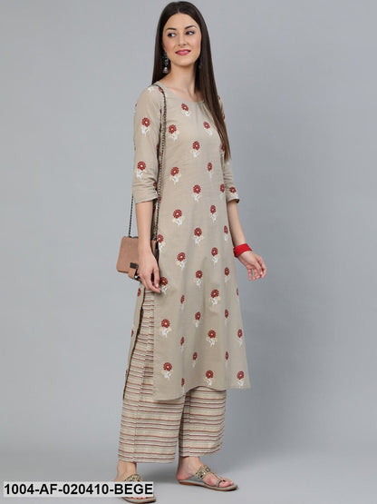 Beige & Maroon Floral Print Straight Pure Cotton Kurta & Trousers