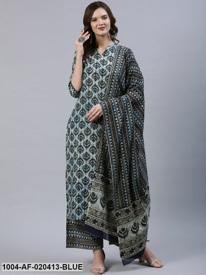 Blue Ethnic Motifs Screen Print Straight Pure Cotton Kurta Set With Dupatta