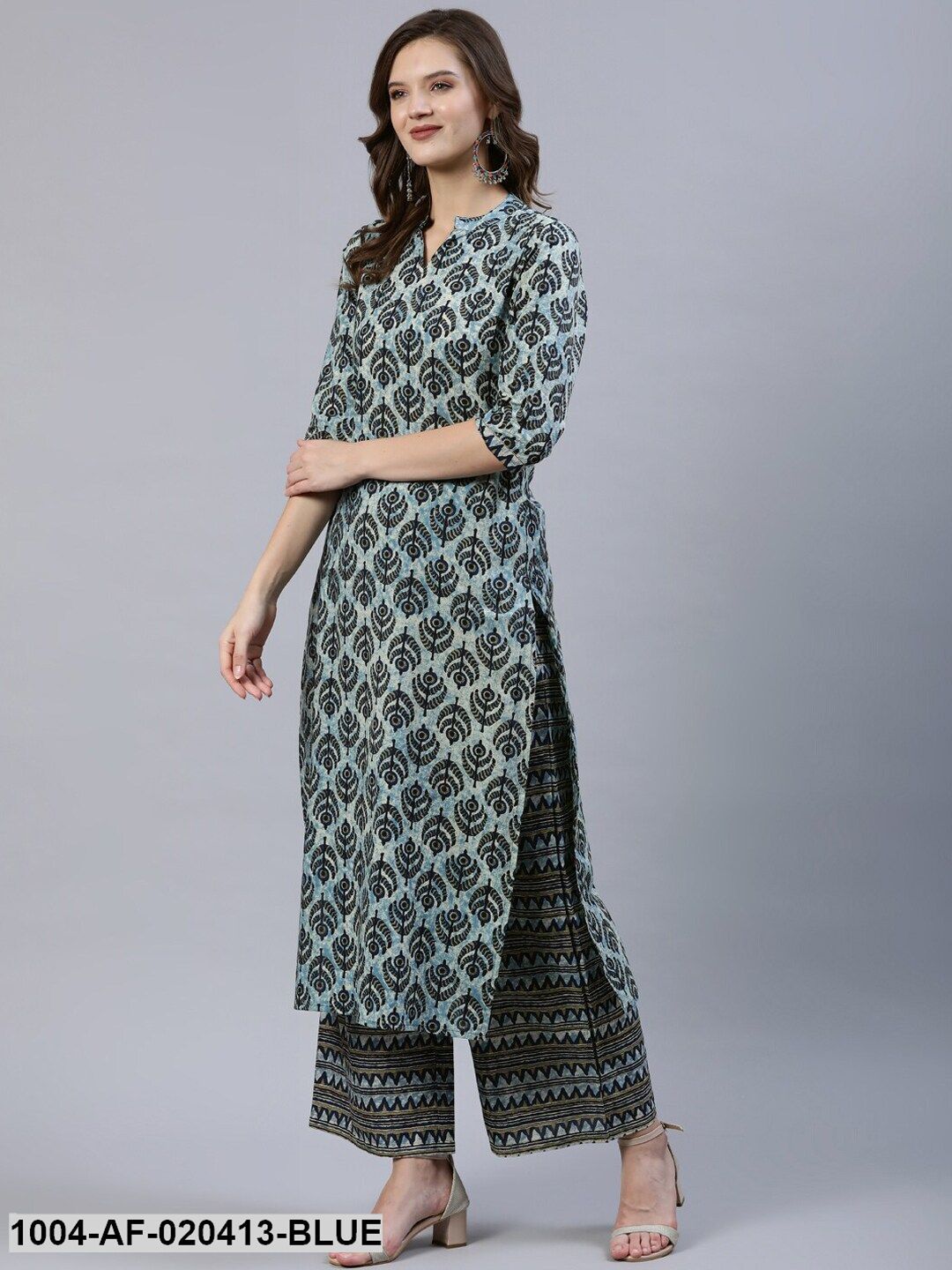 Blue Ethnic Motifs Screen Print Straight Pure Cotton Kurta Set With Dupatta