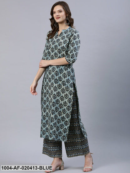 Blue Ethnic Motifs Screen Print Straight Pure Cotton Kurta Set With Dupatta