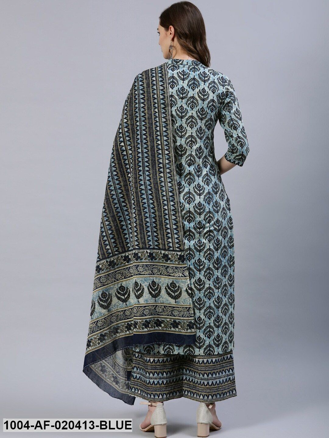 Blue Ethnic Motifs Screen Print Straight Pure Cotton Kurta Set With Dupatta