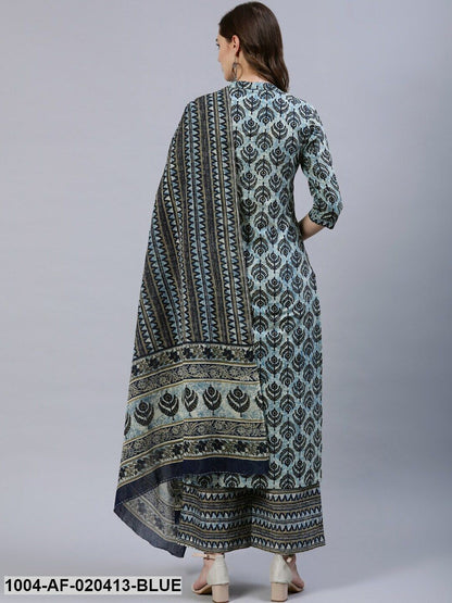 Blue Ethnic Motifs Screen Print Straight Pure Cotton Kurta Set With Dupatta